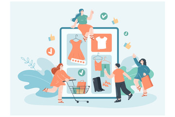 Buyers making internet purchases and leaving good reviews. Giant tablet, group of shopaholic customers, woman with shopping cart flat vector illustration. Online shopping, retail concept for banner