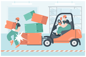 Worker on forklift bumping into man in warehouse. Risk of injury from accident at factory flat vector illustration. Insurance or compensation, security concept for banner or landing web page