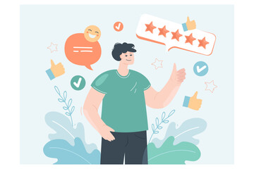 Client or buyer sharing positive experience on social media. Positive review of shop, online service, delivery or journey flat vector illustration. Customer feedback, marketing, technology concept