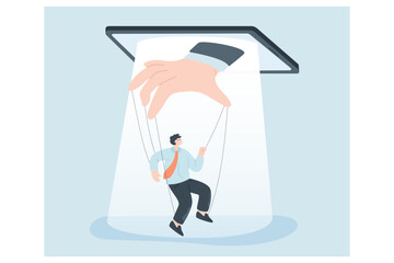 Office worker as puppet of phone or tablet. Persuasive propaganda or manipulation in social media and fake news controlling opinion flat vector illustration. Technology, internet, information concept