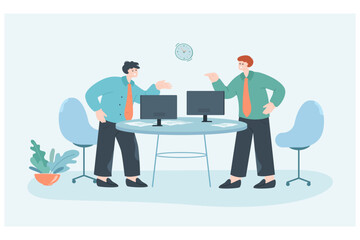 Obraz na płótnie Canvas Angry businessmen fighting in meeting room. Mad business people or partners having disagreement in office flat vector illustration. Conflict concept for banner, website design or landing web page