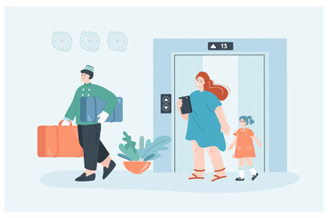 Hotel staff helping with baggage and leading to room. Woman and girl getting help from servant flat vector illustration. Service, hospitality, traveling concept for banner or landing web page