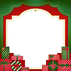 昔の劇場風フレーム・背景素材　山積みのプレゼント／赤×緑（正方形）