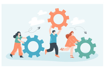 People moving gear wheels flat vector illustration. Coworkers engaged in business promotion, repairing and organizing processes. .Business, cooperation, organization concept