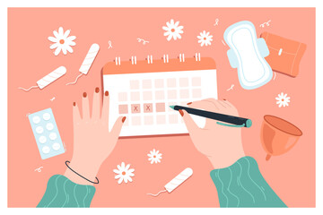 Female hands marking days of period in calendar. Pills against menses pain, tampons, pad, menstrual cup flat vector illustration. Menstruation concept for banner, website design or landing page - obrazy, fototapety, plakaty