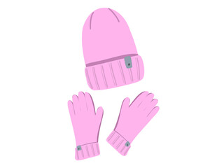 Winter set pink hat and gloves isolated on white background. Flat vector illustration. 