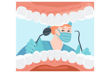 View of dentist in mask from open mouth of patient. Doctor examining man with white teeth, dental checkup, oral hygiene flat vector illustration. Medicine, dentistry concept for banner, website design