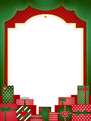 昔の劇場風フレーム・背景素材　山積みのプレゼント／赤×緑（縦向き）