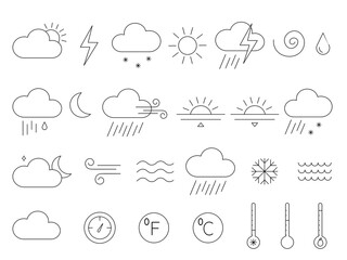 Set of black and white weather icons in а line style. Vector elements with different natural phenomena. Perfect for an application or website