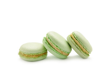 Sweet raspberries macarons isolated on white background.