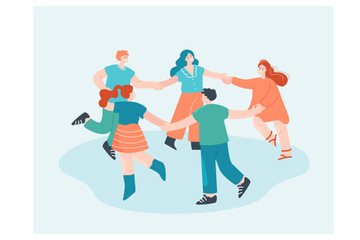 Fototapeta na wymiar Happy cartoon friends holding hands and dancing in circle. People doing round dance together flat vector illustration. Friendship, community concept for banner, website design or landing web page