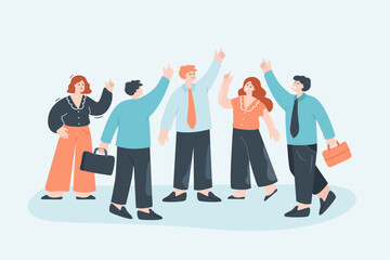 Group of business people with hands up. Crowd of male and female manager characters pointing upwards together flat vector illustration. Happy pose of victory for business team, success concept