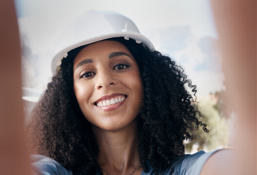 Architecture, Engineering And Black Woman Selfie Portrait Construction Site, Industrial Building Manager And Property Development. Happy Face Pov, Smile And Female Contractor Leader In Safety Helmet