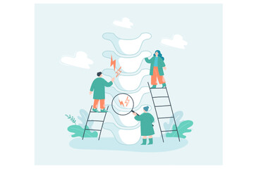 Tiny chiropractors examining spine of patient. Chronic back pain treatment, doctors making diagnosis flat vector illustration. Health, anatomy, osteopathy concept for banner or landing web page
