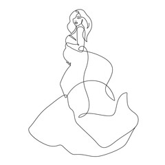 Pregnant Woman Elegant Silhouette Continuous One Line Drawing. Woman Dress Fashion Minimalist Illustration. Pregnancy Minimal Sketch Drawing for Home Decor, Wall Art. Vector EPS 10 