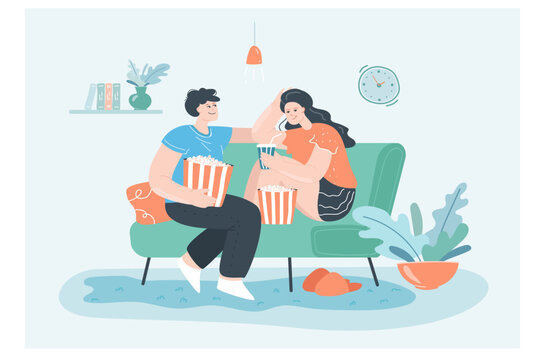 Happy married couple eating popcorn at home. Husband and wife spending time together in evening, watching movie in cozy house flat vector illustration. Romance, love, family concept for banner