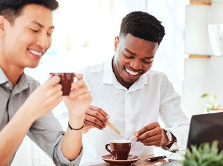 Business meeting, working and men with coffee and laptop in cafe. Diversity, black man and Asian man in coffee shop, smiling and drinking tea on social business venture for global startup company