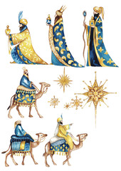 Set of Three Wise kings following the Star of Bethlehem watercolor illustration