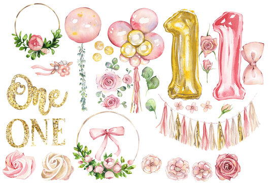 watercolor illustration.  Balloons pink and gold, with a paper garland tassel, roses, gold sparkles, confetti, a large pink balloon with greenery.  design for birthday, baby shower, party, wedding