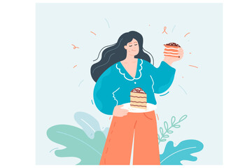 Woman eating chocolate cake. Happy female character holding two plates of cake pieces, hungry lady enjoying dessert flat vector illustration. Desire for sweet food, people sweet tooth concept