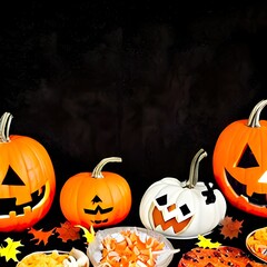 Fun Halloween dinner party, dark wood banner background. Above view. Pizza, spaghetti, snacks and spooky punch.