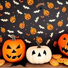 Fun Halloween dinner party, dark wood banner background. Above view. Pizza, spaghetti, snacks and spooky punch.