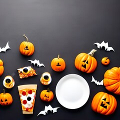 Fun Halloween dinner party, dark wood banner background. Above view. Pizza, spaghetti, snacks and spooky punch.