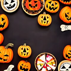 Fun Halloween dinner party, dark wood banner background. Above view. Pizza, spaghetti, snacks and spooky punch.