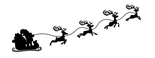 Silhouette of Santa Claus riding reindeer sleigh on white background