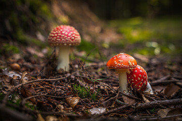 Nahaufnahme von Pilzen in dichten Wäldern. Dunkler Hintergrund. Wilde Pilze, die im Wald wachsen.