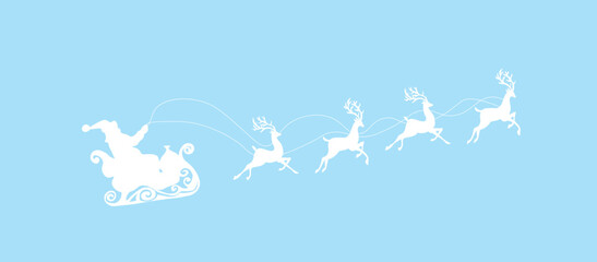 Silhouette of Santa Claus riding reindeer sleigh on light blue background