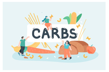 Tiny characters next to carbs sign and products. Fasting and low card diet, whole wheat bread, corn, apple, carrot, banana, pasta flat vector illustration. Food, nutrition concept for banner