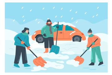 Cartoon family with shovels clearing snow from car. Man, woman and boy cleaning backyard buried in snow after storm flat vector illustration. Winter, weather concept for banner or landing page