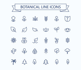 Plants line mini icons. Trees, leafs and flowers icons set. Editable stroke. 24x24 grid. Pixel Perfect.