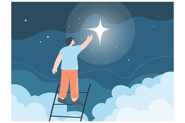 Male worker on ladder dreaming of success. Man catching star, hope for career opportunities flat vector illustration. Achievement, dream concept for banner, website design or landing web page