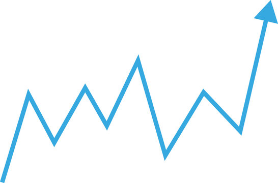 Blue spiky arrow shape. Symbol for rising profit, income, boom. Isolated png illustration, transparent background. Asset for overlay, montage, collage or presentation. Business, finance concept.	