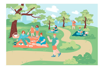 Obraz na płótnie Canvas Happy cartoon characters having picnics under trees in city park. Landscape with children and young people eating and reading outside flat vector illustration. Outdoor activity, leisure concept