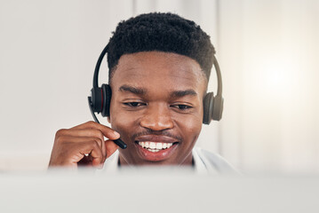Black man, customer support with a smile and working at call center or telemarketing communication...