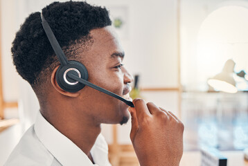 Call center, business and black man consulting, giving support and help to people online at work. Face of an African customer service employee working as a consultant for a telemarketing company