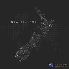 New Zealand map abstract geometric mesh polygonal light concept with black and white glowing contour lines countries and dots on dark background. Vector illustration