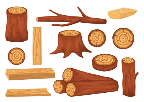 Stack of trees with branches, wooden planks, stumps and timber materials. Wood logs and trunks cartoon vector illustration set. Icons of forest stuff for construction. Forestry, lumber concept