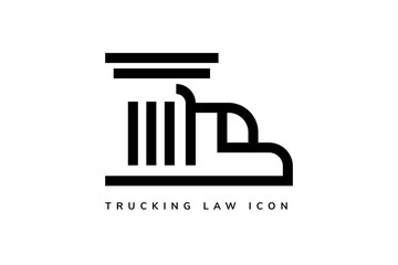 trucking law logo icon design template with black and white colors. line style with combination of truck and law pillar building. isolated on white background. 