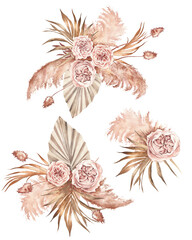 Set of trendy dried palm leaves, blush pink rose, pale protea,  pampas grass watercolor design wedding bouquet. Trendy flowers. Beige, gold, brown, rust, taupe. watercolor illustration