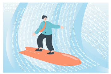 Business person riding surfing board on waves of binary code. Businessman surfing on binary numbers, virtual data flat vector illustration. Challenge, technology, digital world concept for banner