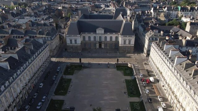 Brittany Parliament in Rennes city center, France. Aerial top down forward