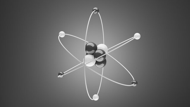 3D illustration model of an atom with nucleus, electrons, protons and neutrons orbiting in a circular path, science research background
