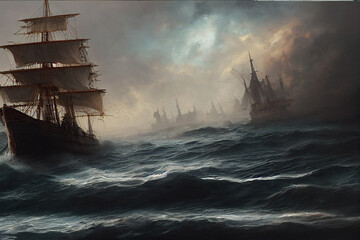 Naklejka premium ship in the storm concept art illustration