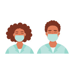 Black skin doctors avatars in uniform. Flat style African male and female. Vector illustration isolated on white background