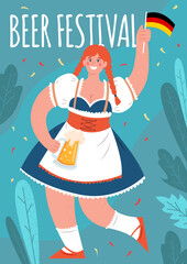 Oktoberfest poster. Beer Festival. A woman in a national German costume holds a mug of beer and a flag of Germany. Vector hand drawn illustration with lettering and autumn leaves...