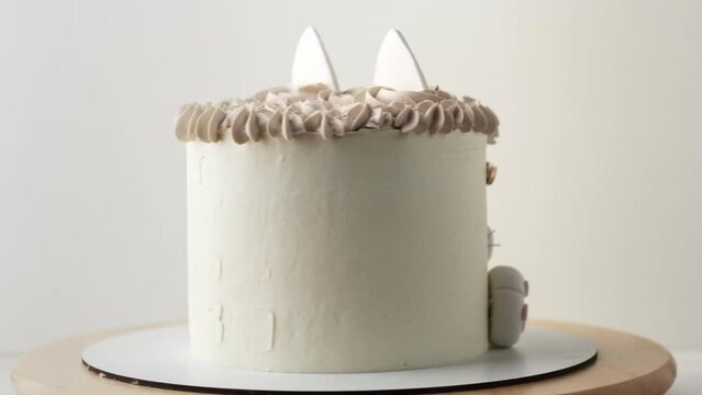 Birthday kitty cake with white cream cheese frosting decorated with mastic cat ears, paws and face. Surprise cake for a little girl rotating on white background